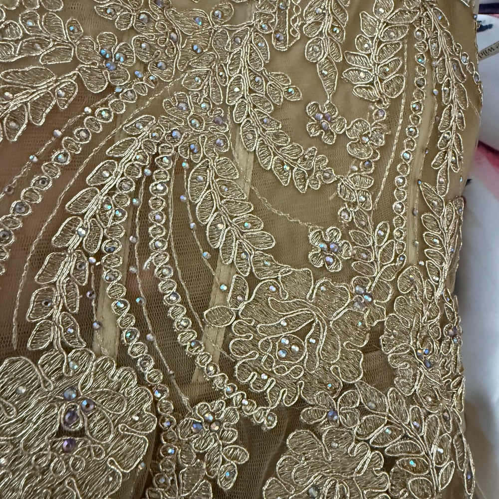 Ellie Wilde Gold Lace Prom Dress - Picture 12 of 15